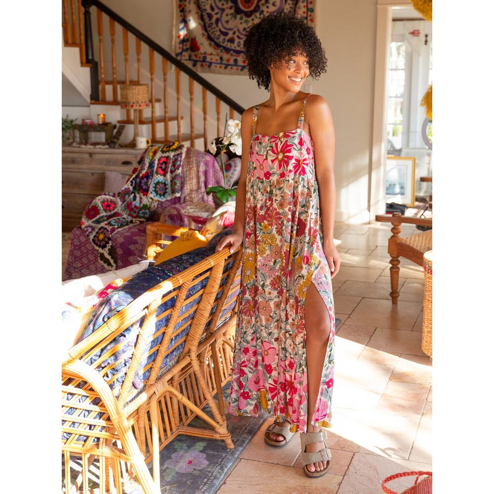 Floral Print Pink and Multicolor Maxi Sundress with Side Slit